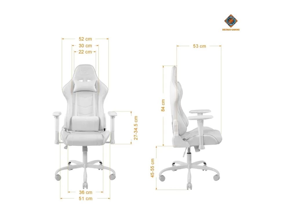 DELTACO GAMING GAM-096 - Spillestol - ergonomisk - høj ryg - armstøtter - T-formet - vippe - drejeled - aluminiumsramme, PU-behandlet læder - hvid