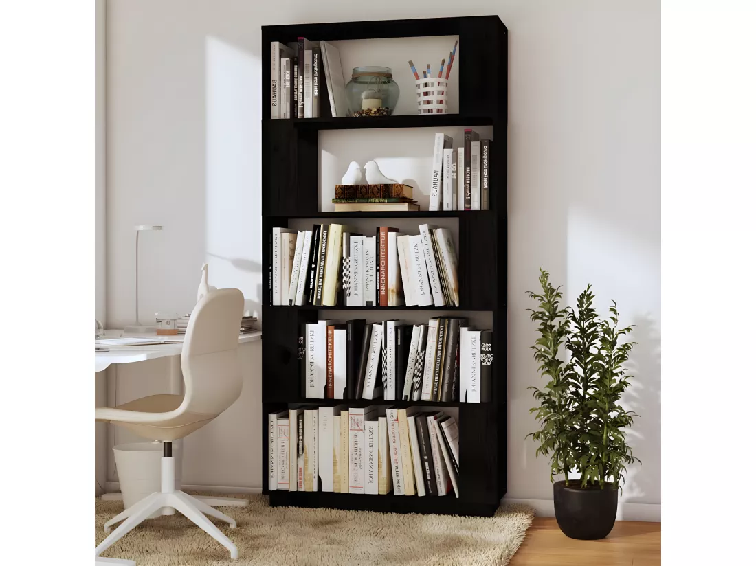 Bibliothèque/Séparateur de pièce Noir 80x25x163,5 cm Pin solide