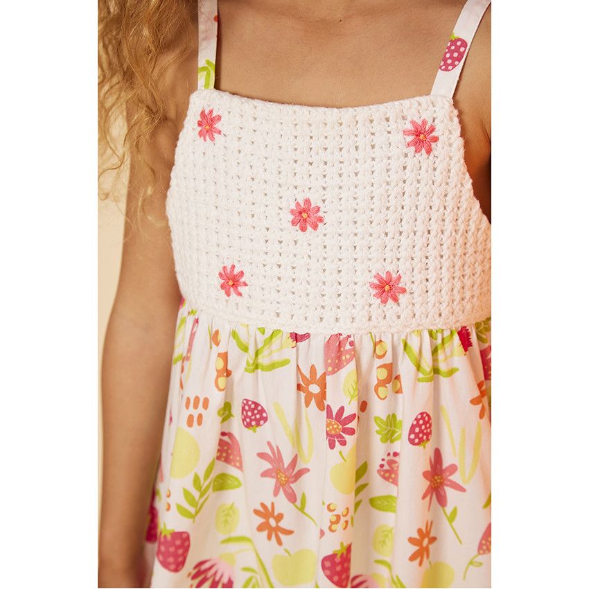 Robe à bretelles en crochet et voile imprimé fleurs pour fille - Blanc