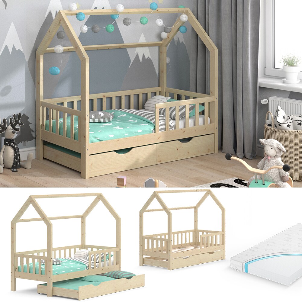 VitaliSpa Kinderbett Hausbett Gästebett Wiki Natur 80x160cm Schublade Matratze