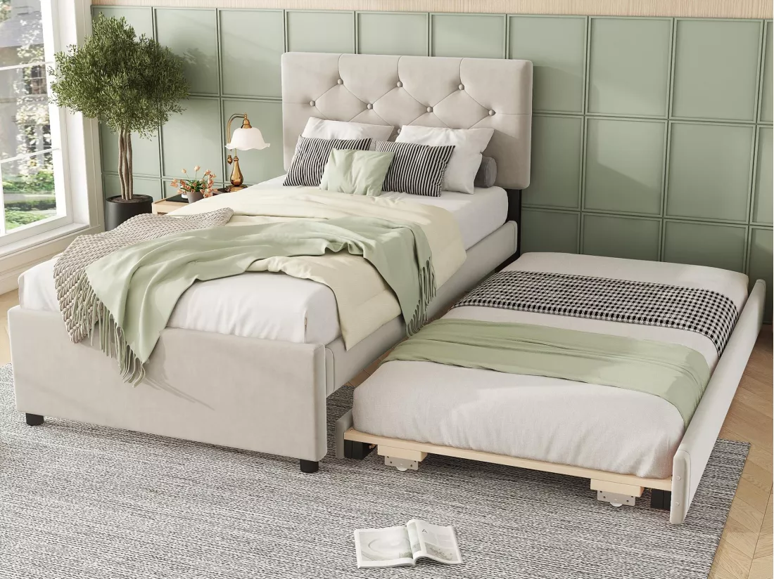 Lit simple 90x200cm en velours - avec un lit gigogne - avec sommier à lattes - Beige (matelas non inclus)