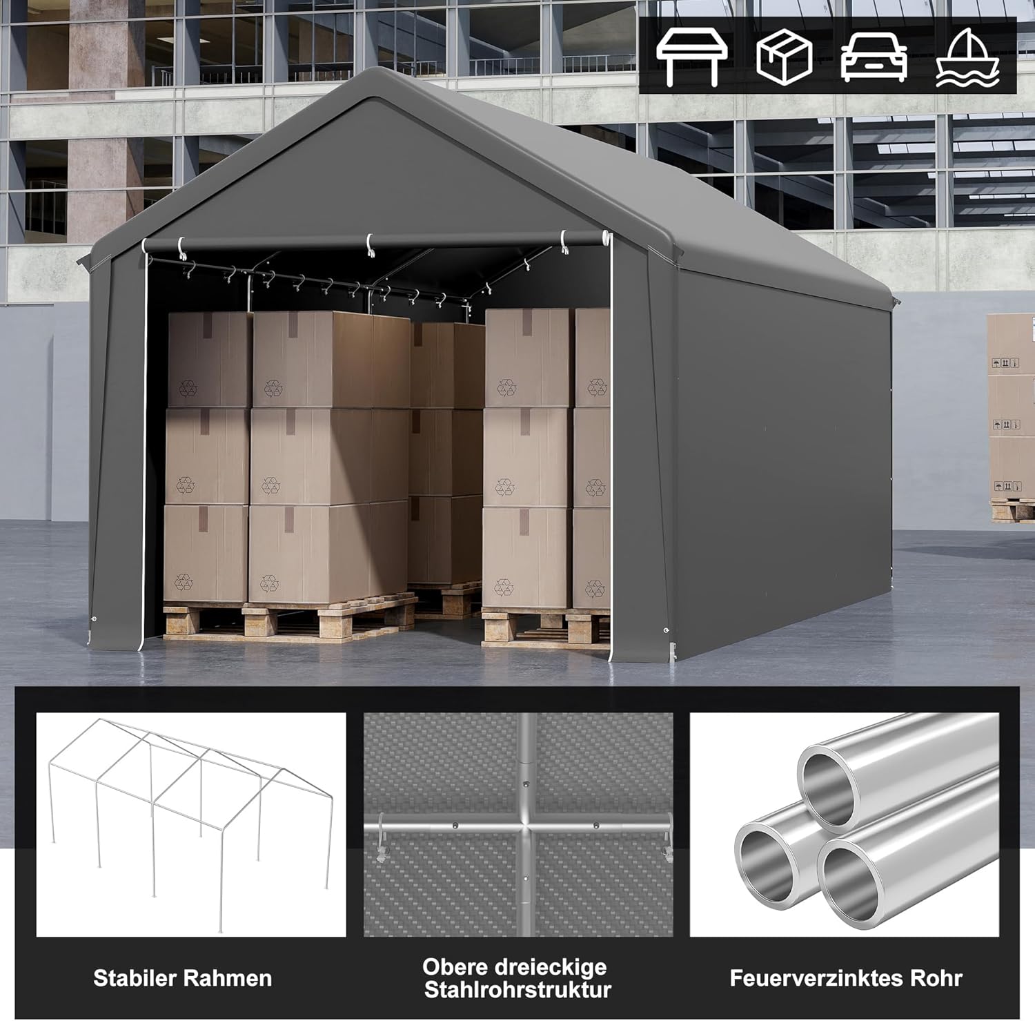 Lagerzelt 3x6 m mit PE-Dach Industriezelt PVC Wasserdichter Reißenresistenter Carport Garagenzelt für Auto, SUV, LKW, Boot&Mobile Lagerung-Grau