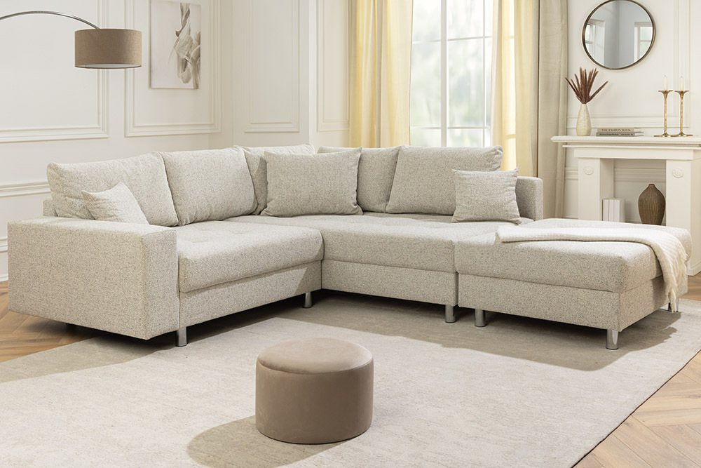 Moderne Wohnlandschaft KENT 220cm beige Strukturstoff  Ecksofa Federkern inkl. Hocker