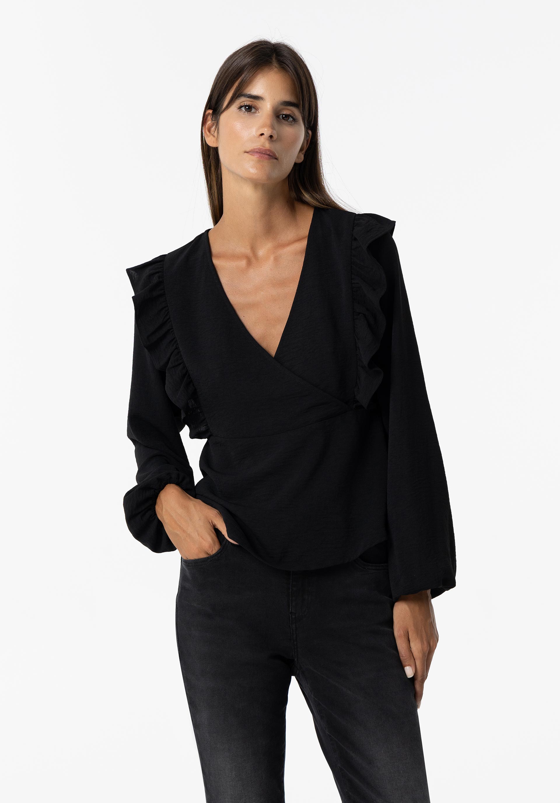 Blusa Efeito Enrugado Cruzada com Folho