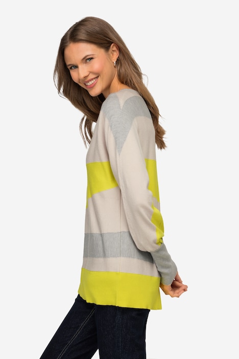 Pullover, asymmetrische Blockstreifen, Kimono-Passform, V-Ausschnitt, angarm