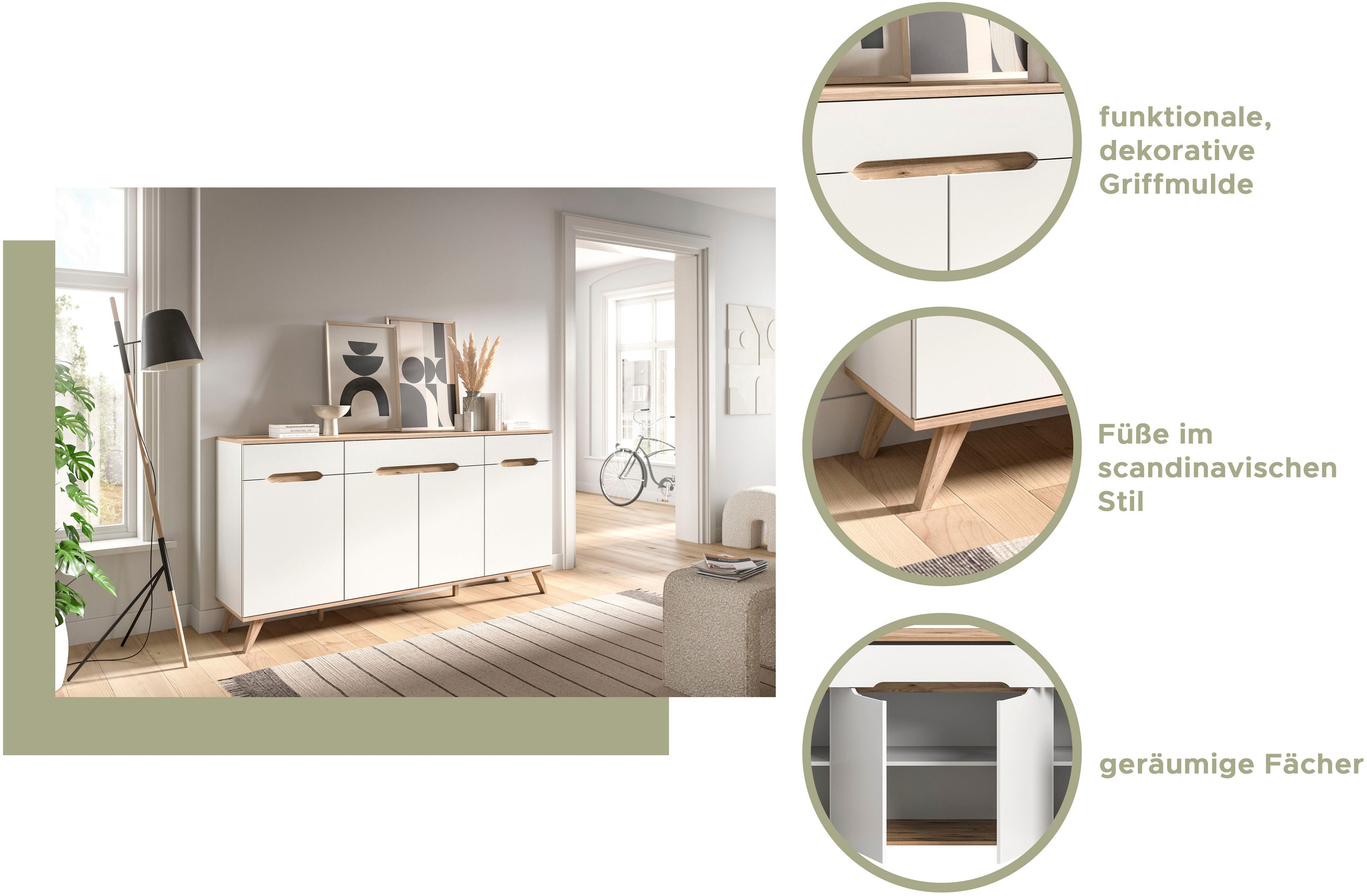 Home affaire Sekretär »Alesund, Höhe 118cm, 2 Türen, 1 Schubkasten,konischer Fuss, Scandi-Look« Anrichte, Schrank, Kommode, Midischrank, Wohnmöbel, Wohnzimmer