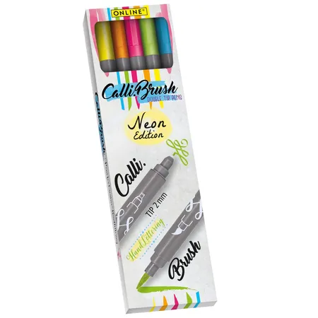 ONLINE Set Calli.Brush, 5 Double-Tip Pens, Pinselspitze und Kalligrafie-Spitze, Neon
