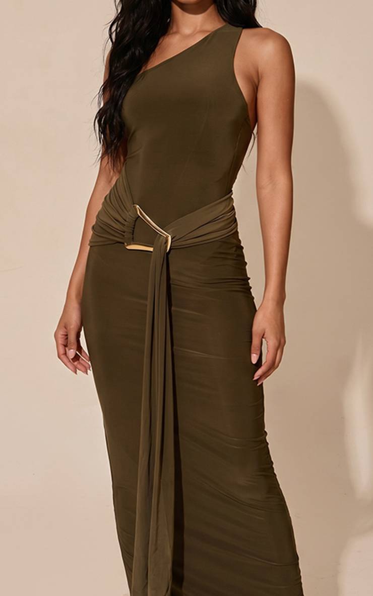 Dark Khaki Robe Maxi Asymétrique À Une Épaule En Jersey Slinky Double Couche Avec Détails Froncés