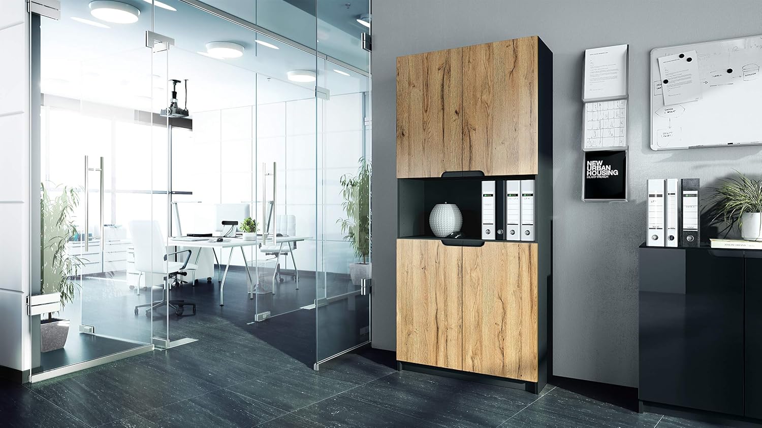 Vladon Büroschrank Logan V2, Made in Germany, Aktenschrank mit 5 Fächern und 4 Türen, Schwarz matt/Eiche Natur (82 x 184 x 37 cm)
