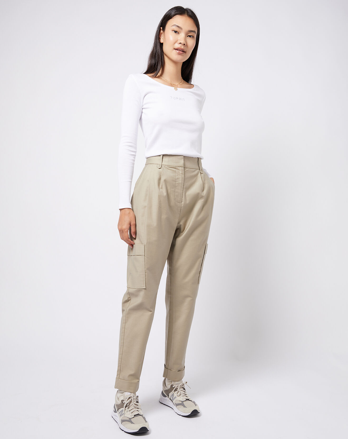 Esprit Pantalon en Toile de coton type cargo beige