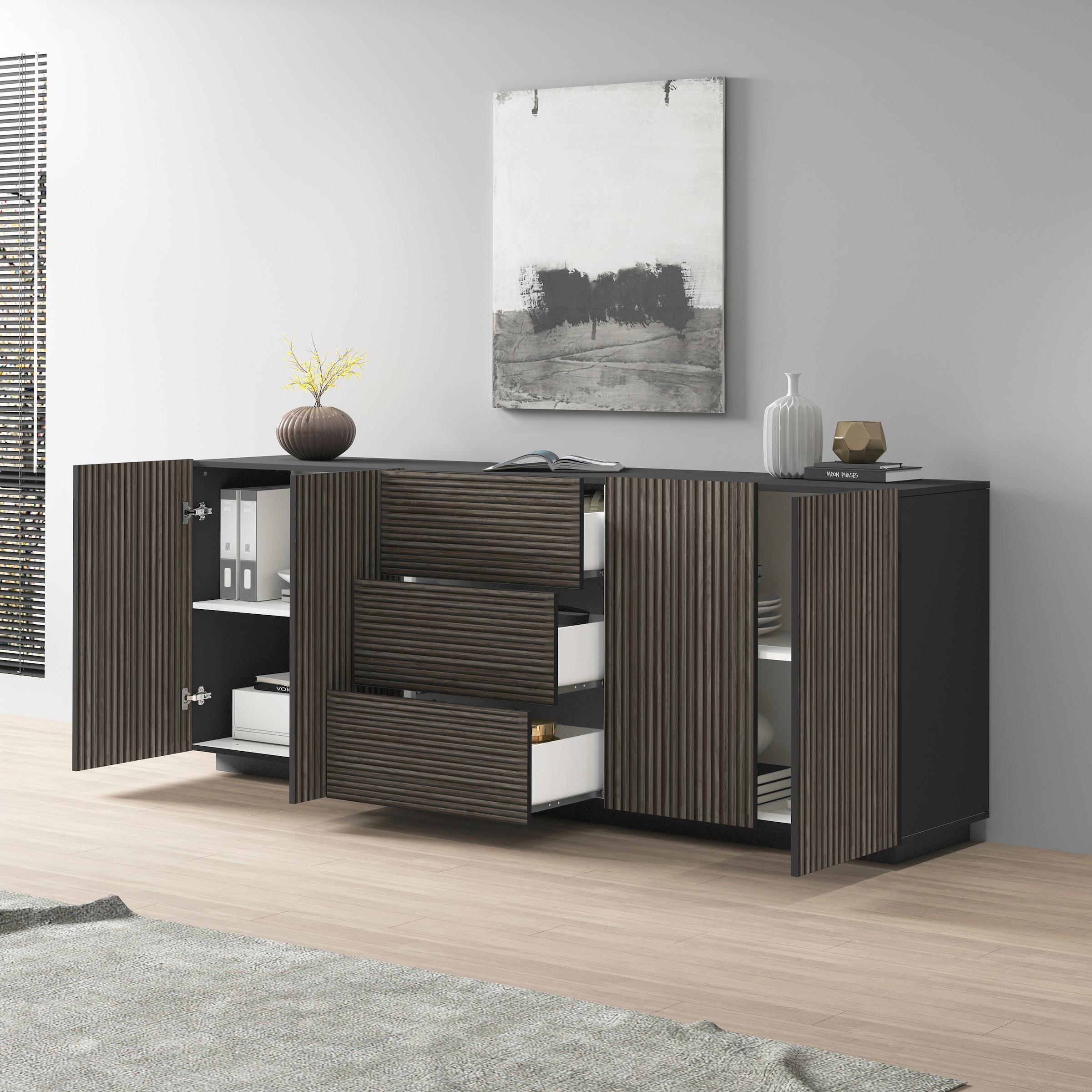 INOSIGN Sideboard »Vega Sideboard,Kommode,220 cm« mit 4 Türen und 3 Schubladen,Fronten mit Rillen-Optik