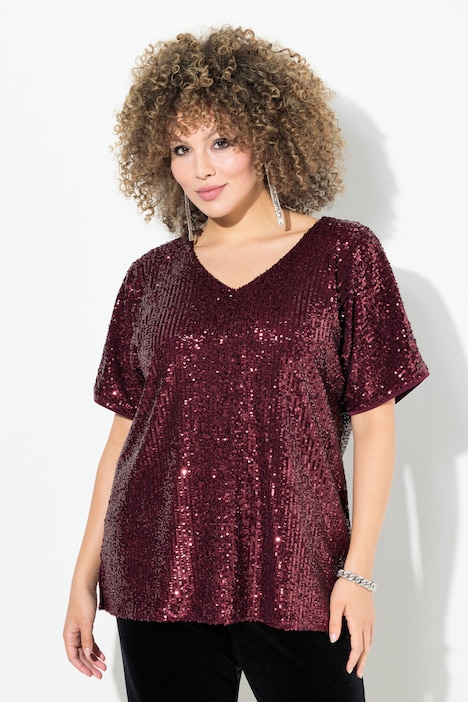 Pailletten-Shirt, Oversized, V-Ausschnitt, Halbarm