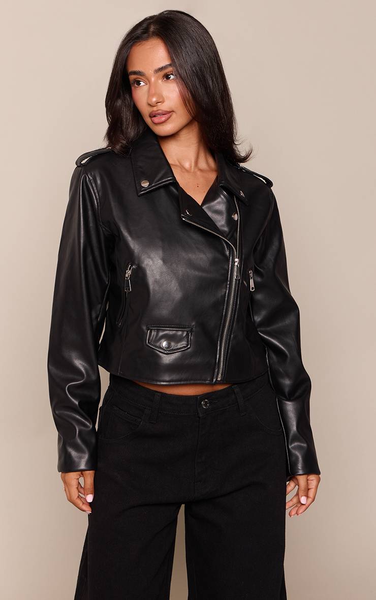Noir Veste De Motard Basique En Synthétiquecuir Avec Détails De Poches