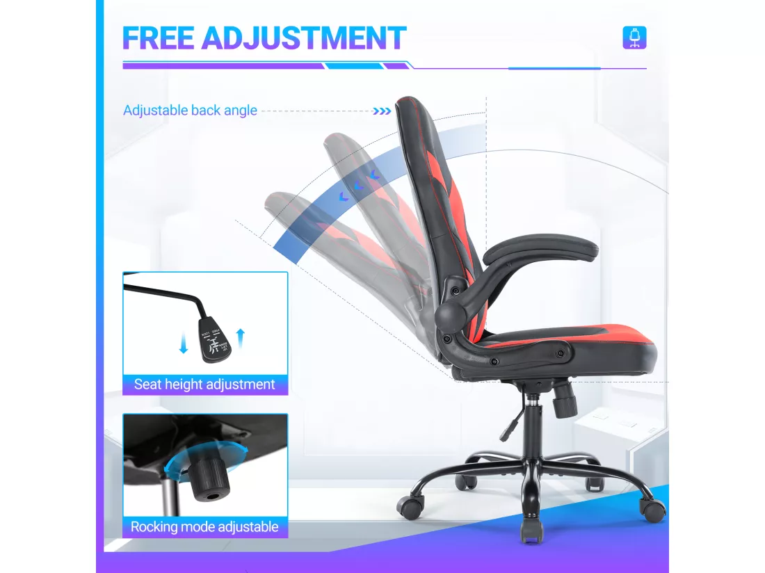 Chaise d'ordinateur,Chaise de bureau pivotante avec support lombaire,Ergonomique,Cuir de PU,Rouge,Noir