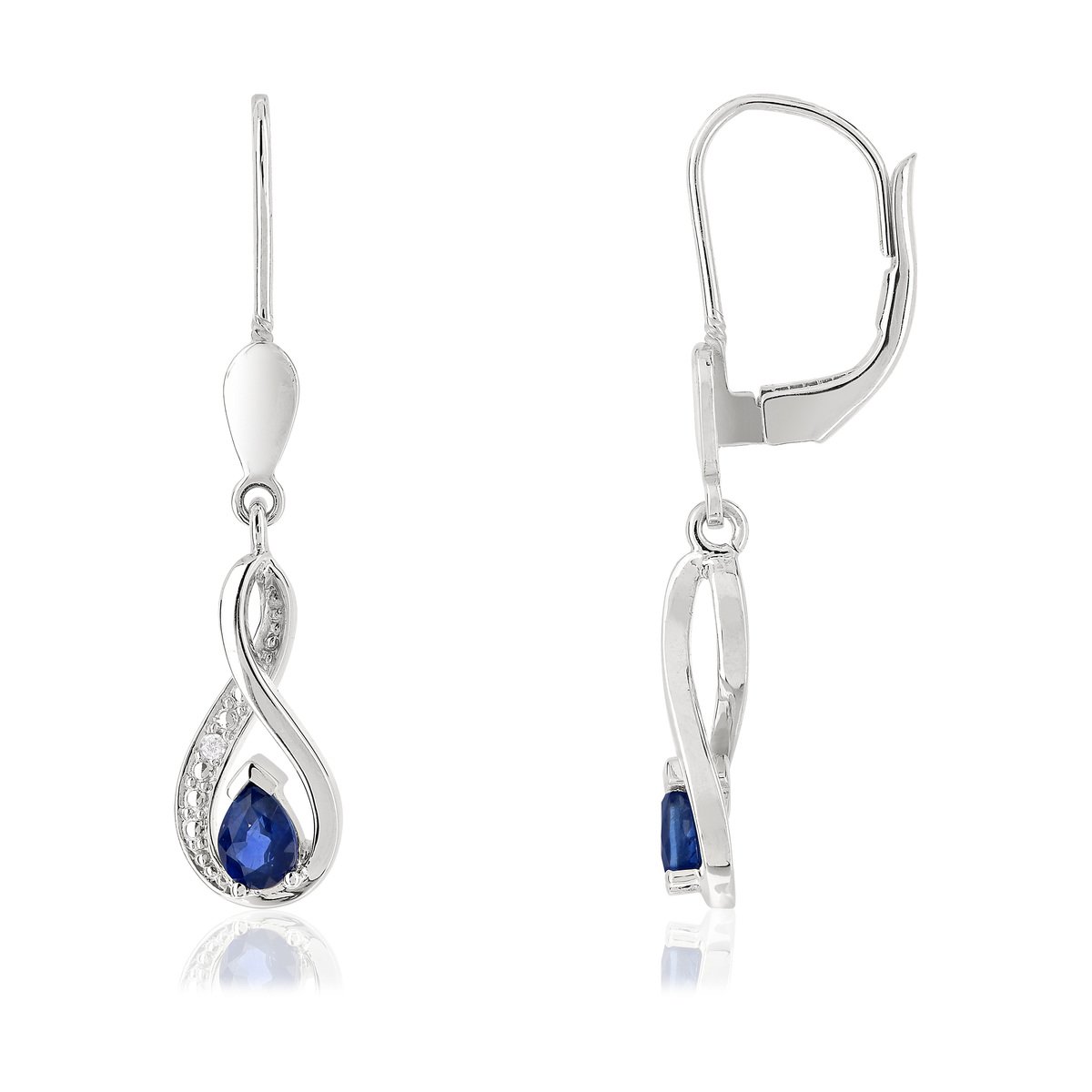Boucles d'oreilles or 375 blanc pendants saphirs taille poire et diamants