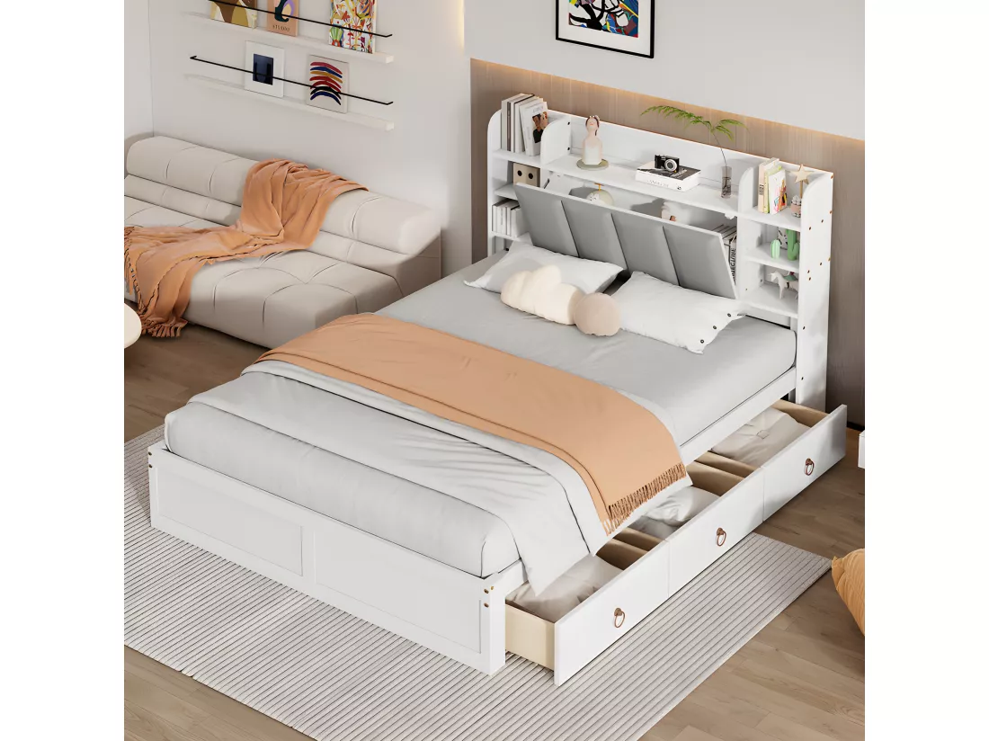 Lit double 140x200cm - en bois de pin et MDF - tête de rangement avec étagères ouvertes et 3 tiroirs - Blanc