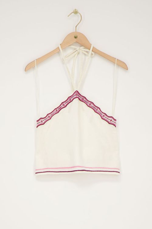 Beige linnen look halter top met kralen