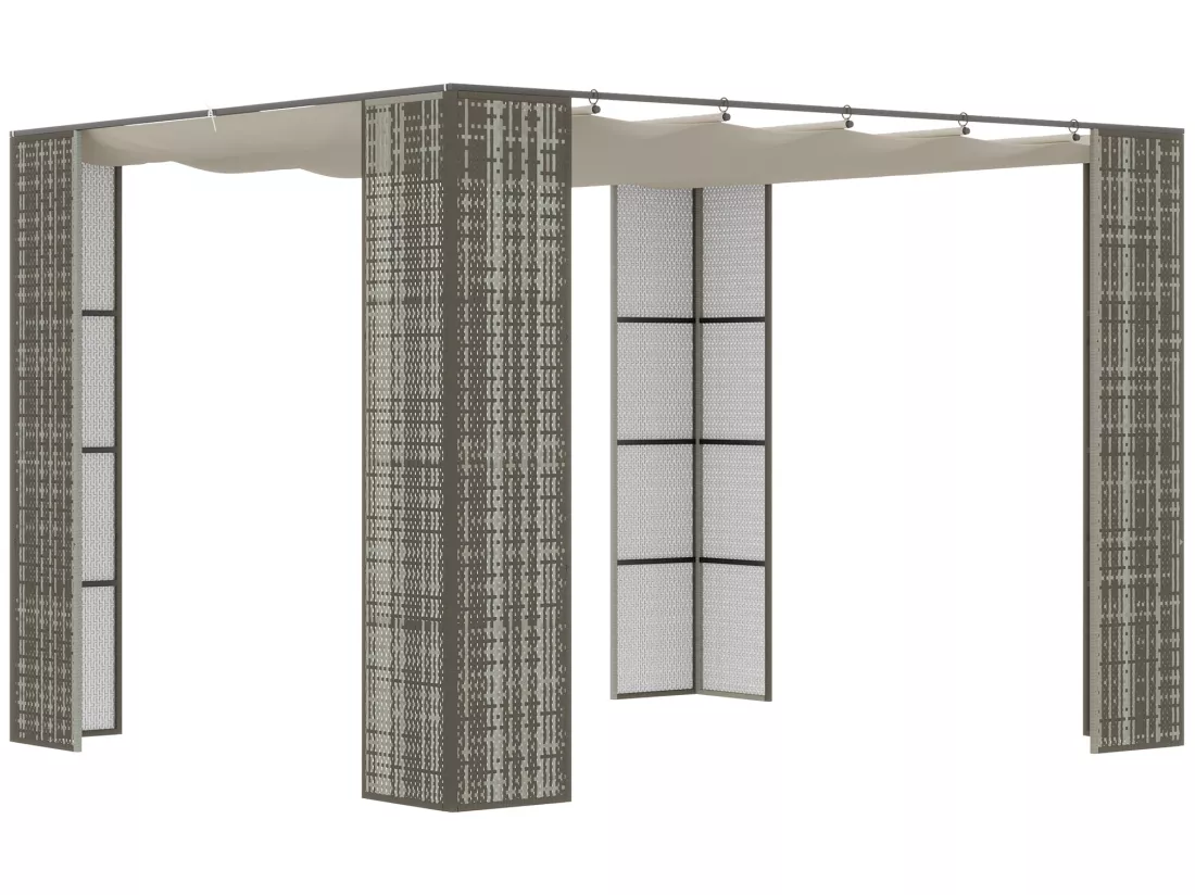 Pergola rétractable style colonial dim. 2,98L x 2,98l x 2H m métal époxy anticorrosion résine tressée grise toile polyester haute densité 180 g/m² crème