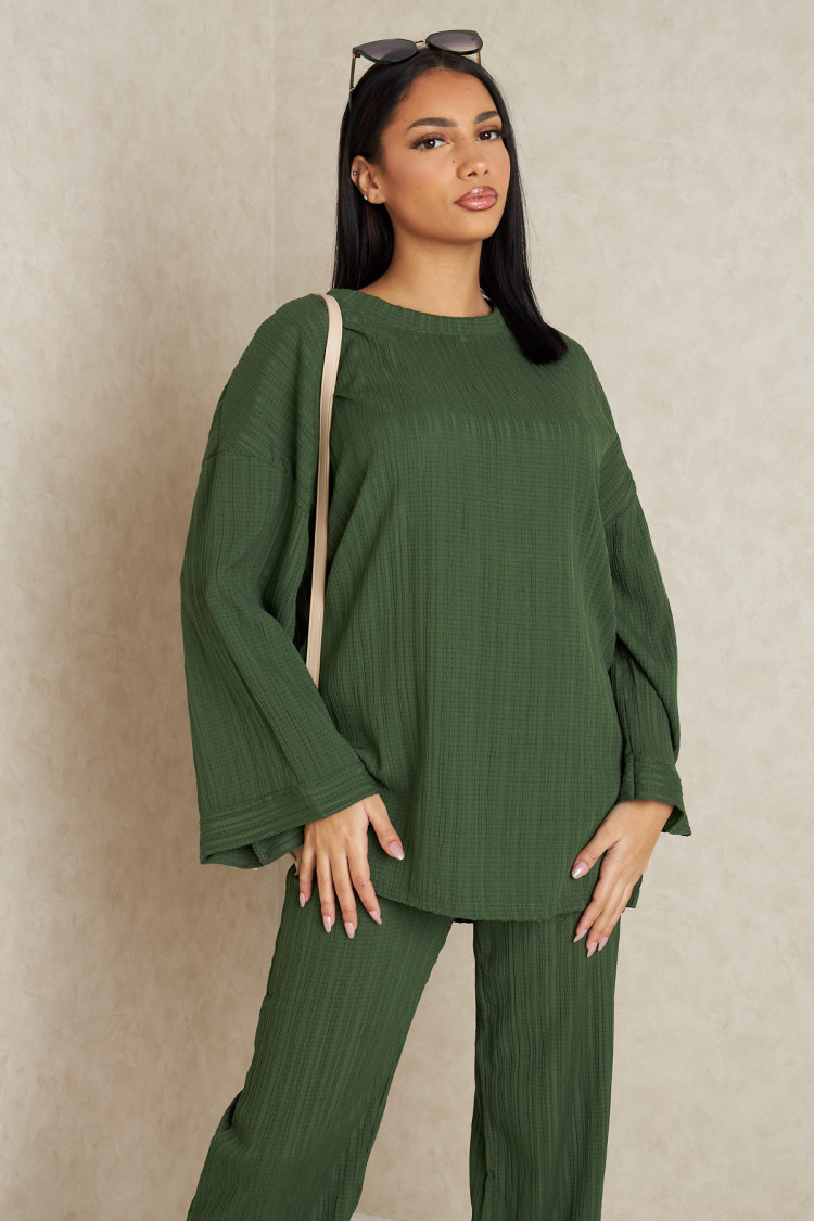 Ensemble 2 pièces pull fin + pantalon à rayures kaki