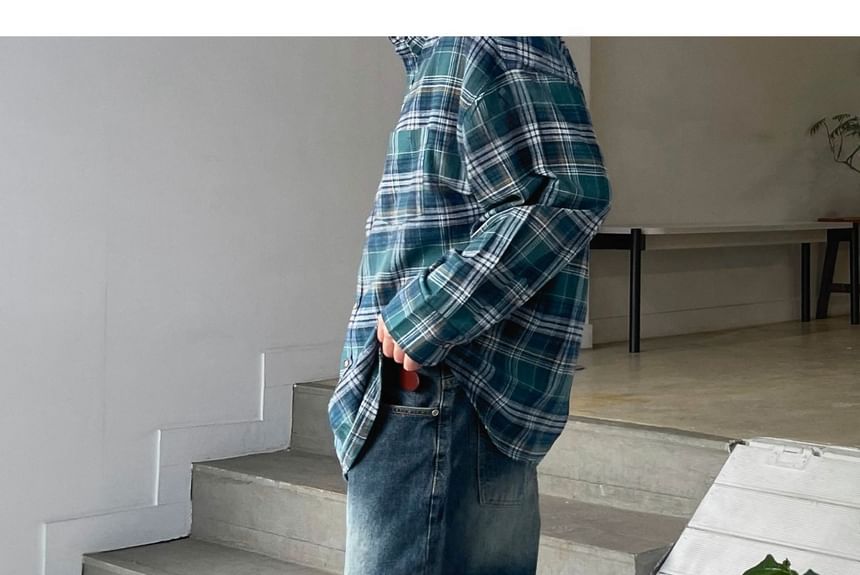SeoulPop - Unisex geruit overhemd met lange mouwen en losse pasvorm