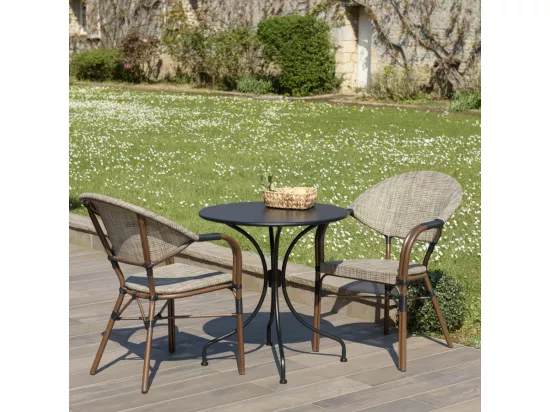 VIANNEY - Salon de jardin 2 personnes en acier - 1 table ronde 70x70cm et 2 chaises en textilène taupe