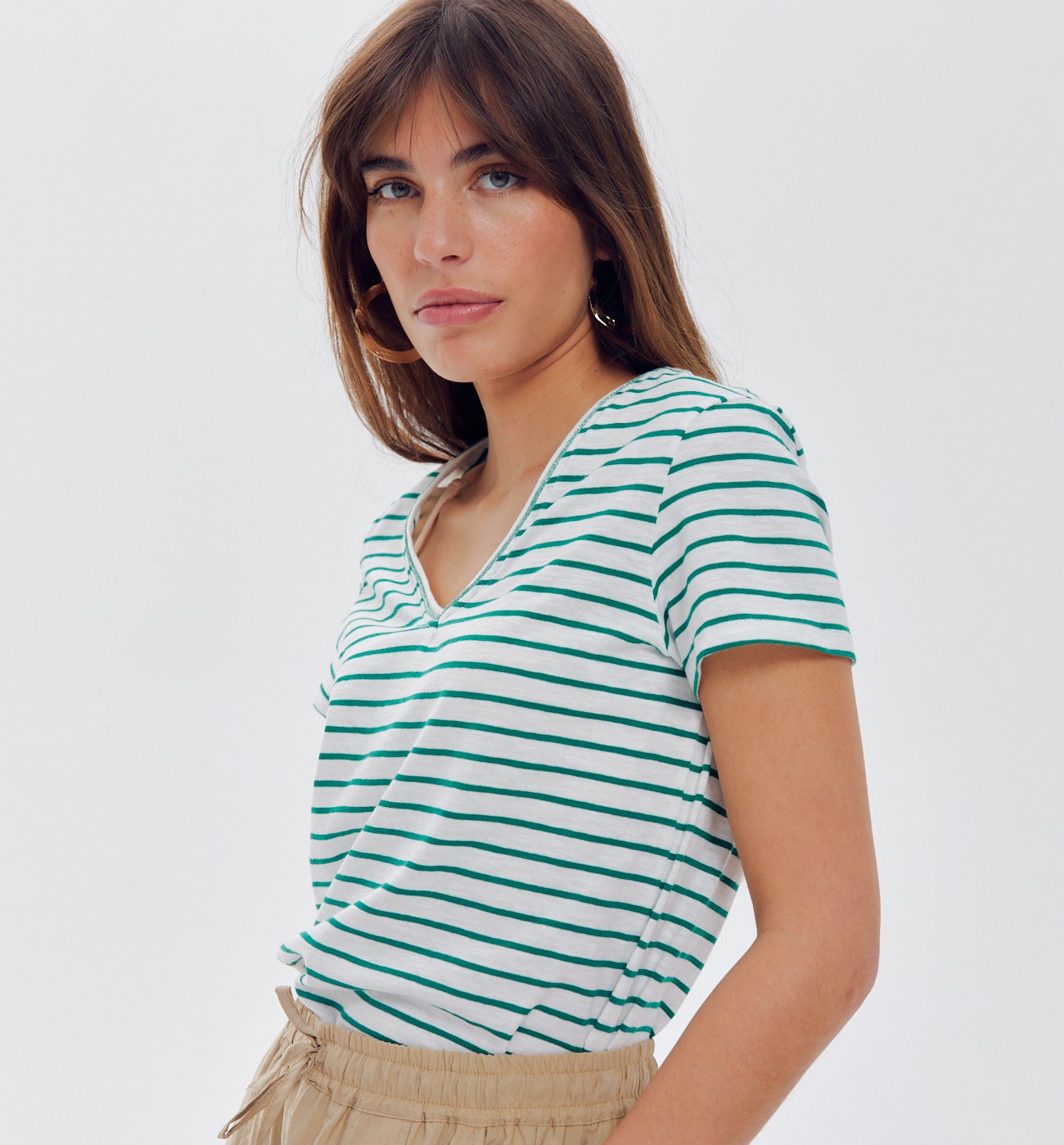 T-shirt col V Femme - Rayé vert