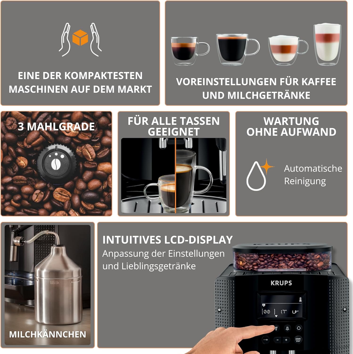 Krups Essential Kaffeevollautomat mit Milchschlauch, 2-Tassen-Funktion, LCD-Display, Einfache Reinigung, Kaffeemaschine, TÜV-Siegel, Schwarz, EA816031
