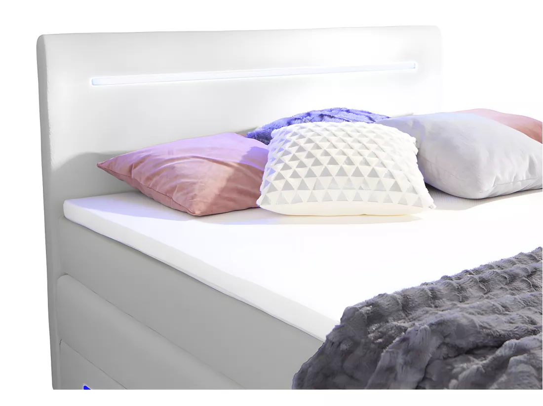 Ensemble complet boxspring tête de lit avec leds + sommiers coffre + matelas + surmatelas - 160 x 200 cm - Simili - Blanc - KEROS de YSMÉE