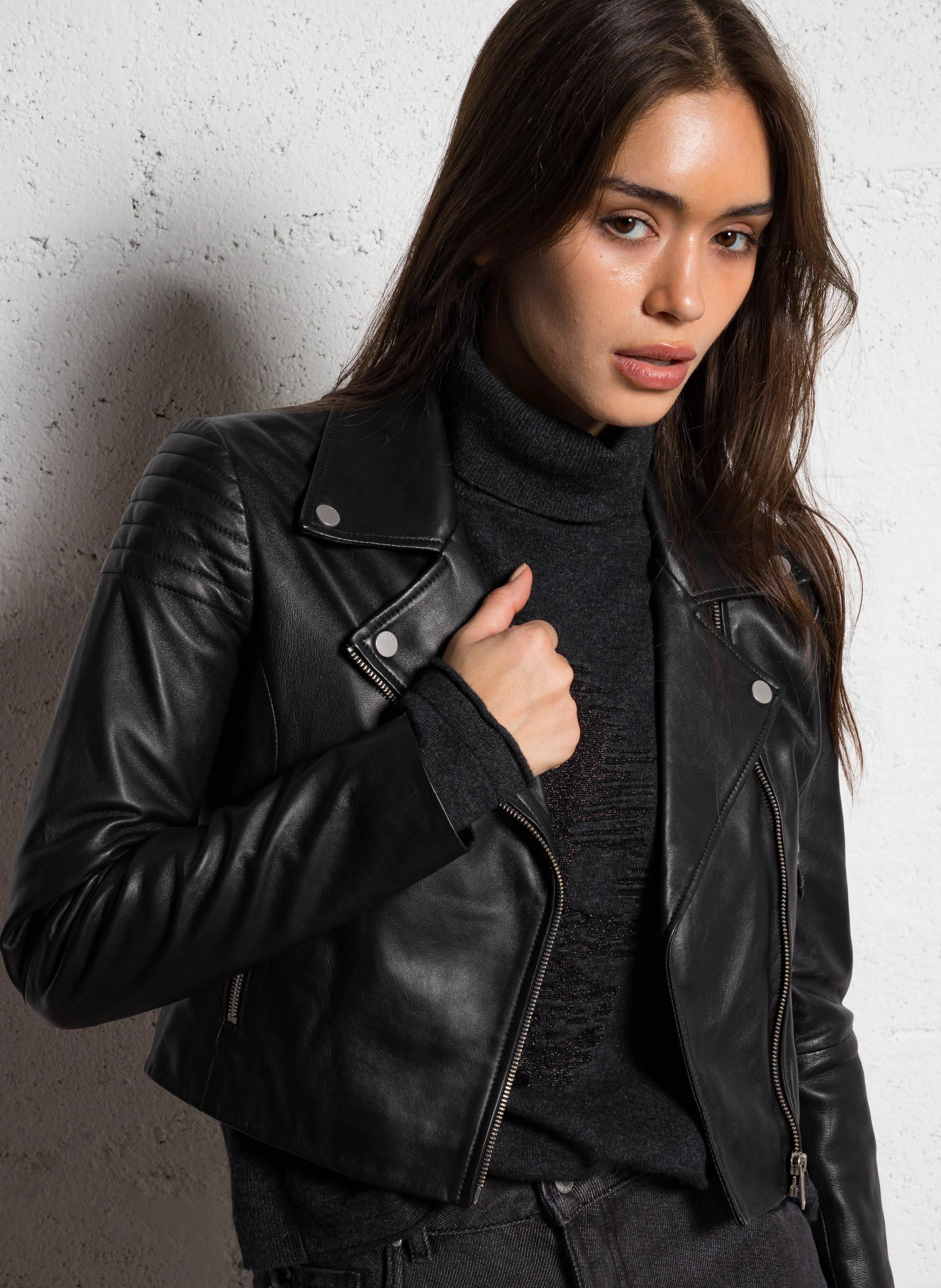 Blouson col tailleur en cuir d'agneau | Noir