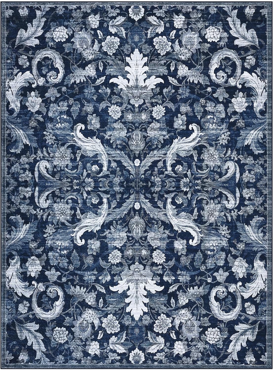 GarveeHome Traditioneller Teppich, faltbar, für den Innenbereich, waschbar, dünn, Retro-Akzent, Blumenmuster, rutschfest, 2,4 x 25,4 cm, Dunkelblau