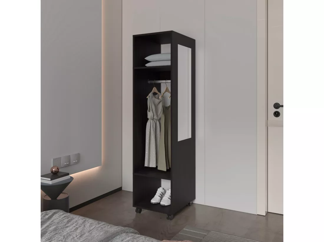 Armoire en mélamine Kronospan, trois étagères, tringle à vêtements et miroir inclus, Noir, 160 cm X 40 cm X 48 cm