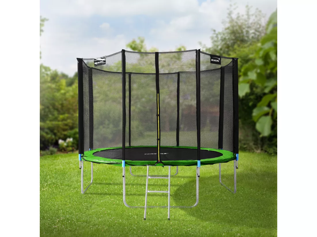 Hauki Trampoline Outdoor, Ø366 cm, vert, certifié GS, trampoline de jardin rond pour enfants jusqu'à 150 kg, set complet avec filet de sécurité, échelle, couverture des bords, barres rembourrées, trampoline stable pour enfants