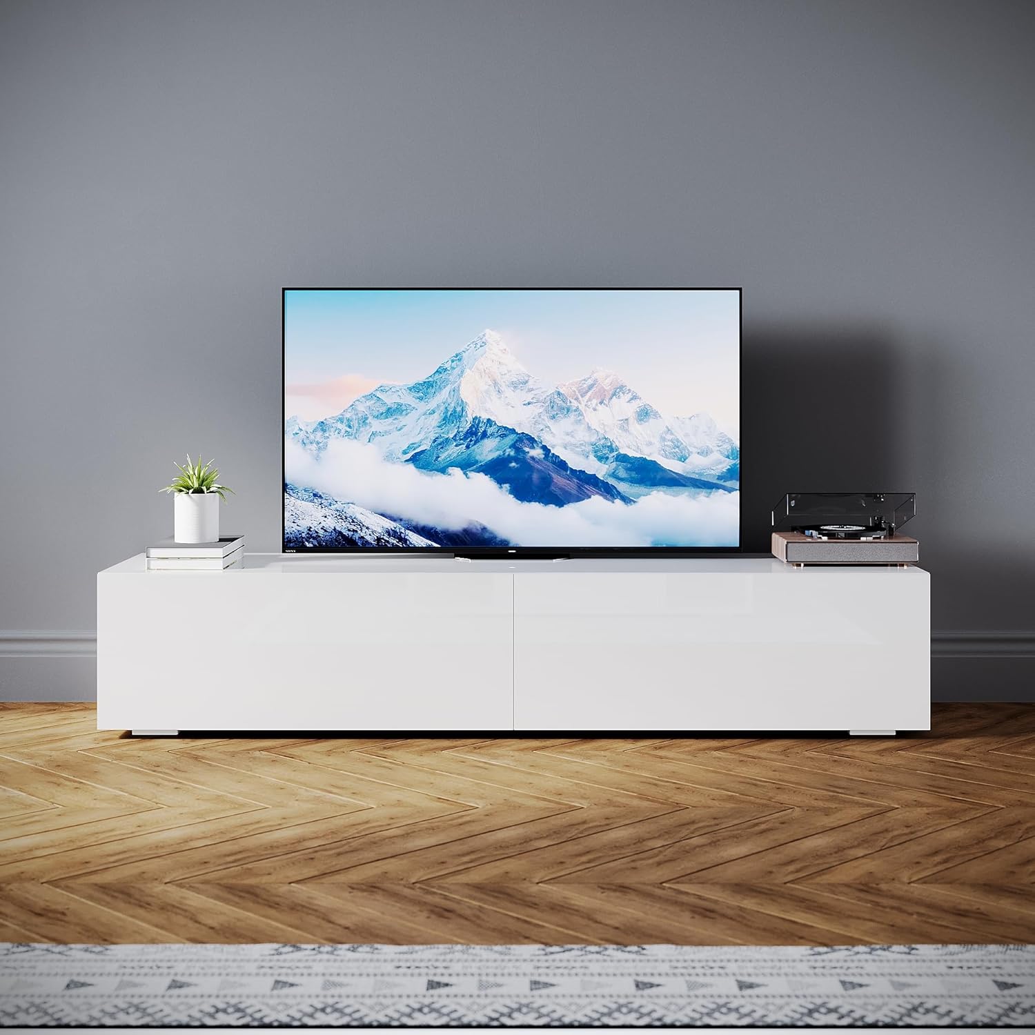 SONNI TV-Schrank Modern 160cm, Lowboard Hochglanz Weiß Hängend/Stehend, TV-Regal mit 2 Schublade, 2 Türen, Griffloses, Fernsehtisch für Fernseher bis 65 Zoll Wohnzimmer & Schlafzimmer, 160x40x30cm.