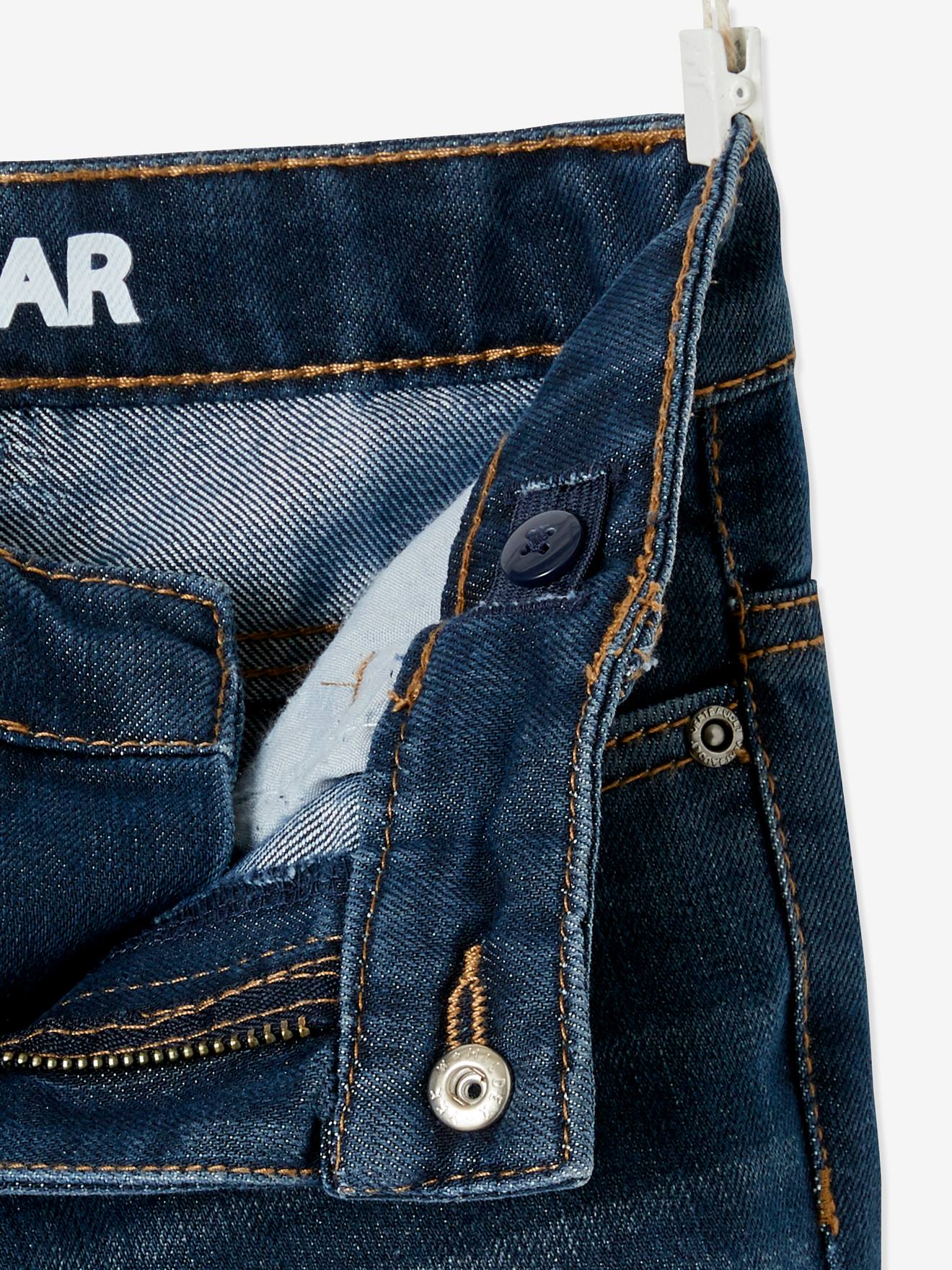 Calça jeans indestrutível de perna reta para meninos, modelagem morfológica para quadris largos, corte slim, lavagem azul escura