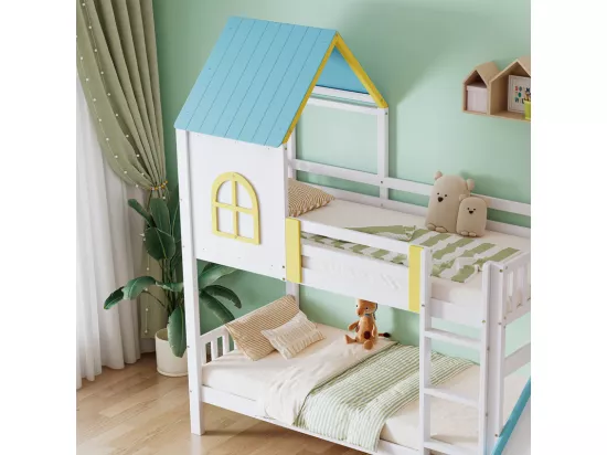 Lits superposés cabane 2 x 90 x 190 cm - avec toit et fenêtre, grille, escalier, toboggan - Pin et MDF - Blanc + Bleu