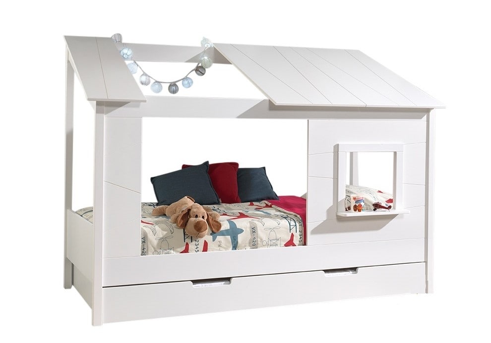 Baumhaus Bett 90 x 200 cm Liegefläche und Bettschublade offenes Dach Weiß lackiert