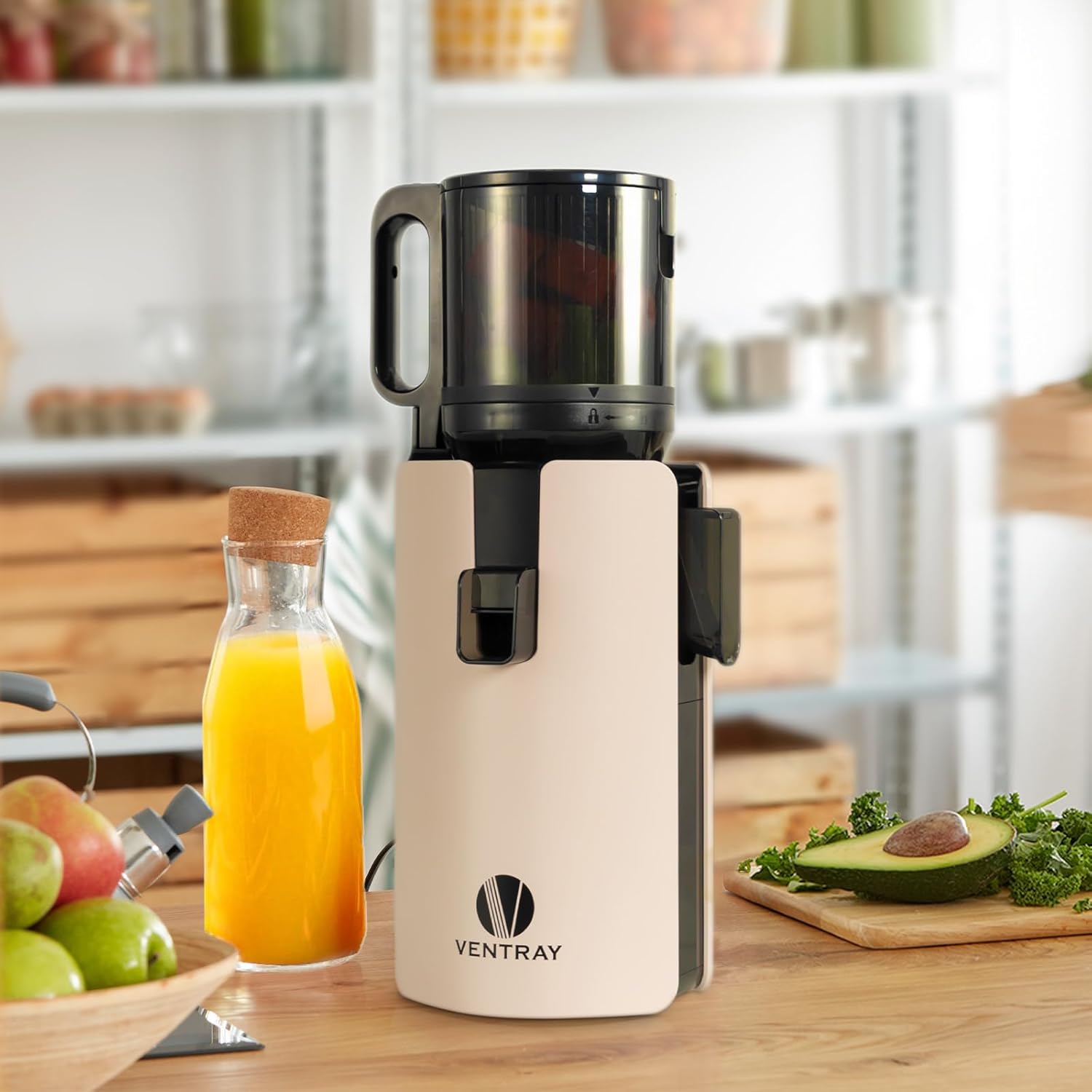 Ventray Ginnie Slow Juicer Entsafter | Elektrische Saftpresse mit 120mm Einfüllschacht für ganze Früchte & Gemüse | Doppelte Filterung | BPA-frei und einfach zu reinigen (Elfenbein)