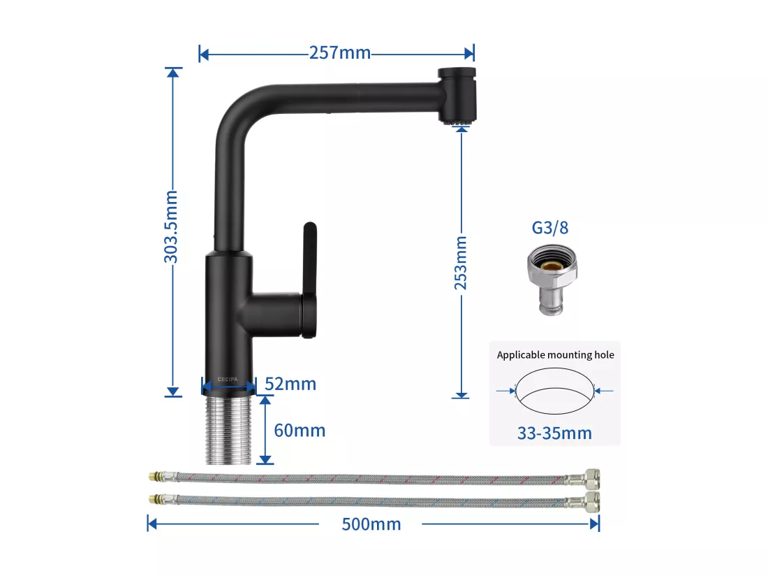Cecipa max Mitigeur de Cuisine Extractible Robinet avec 40 CM Douchette Extractible Mitigeur Cuisine à 2 Jets Eau Froide et Chaude Noir,EU Modèle