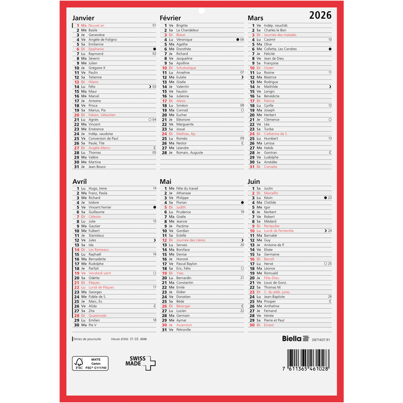 Biella Wandkalender 2026, A4 hoch, französisch, 6 Monate / Seite