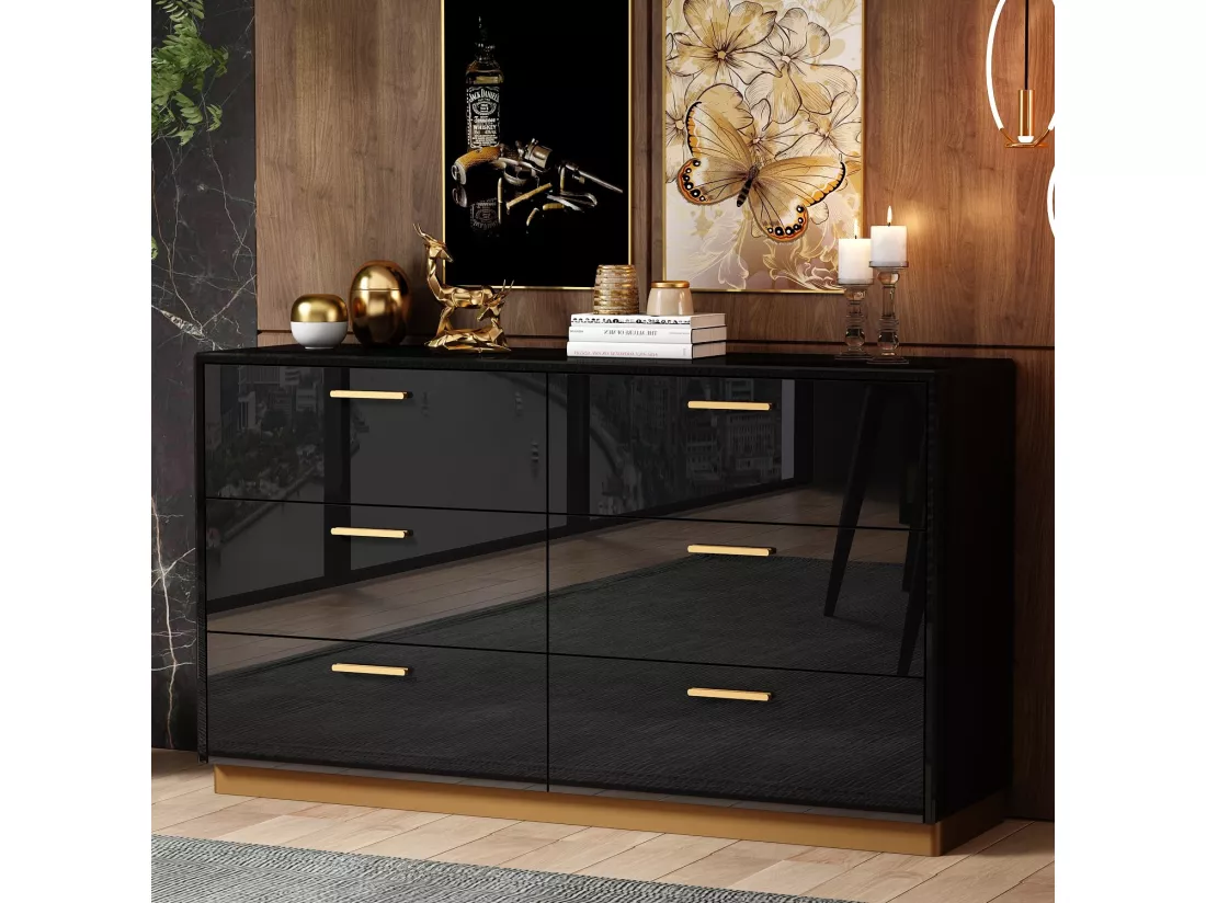 Commode Noir brillante avec 6 tiroirs Poignées en métal Commode moderne Chambre Salon Bureau 140x40x80cm Noir