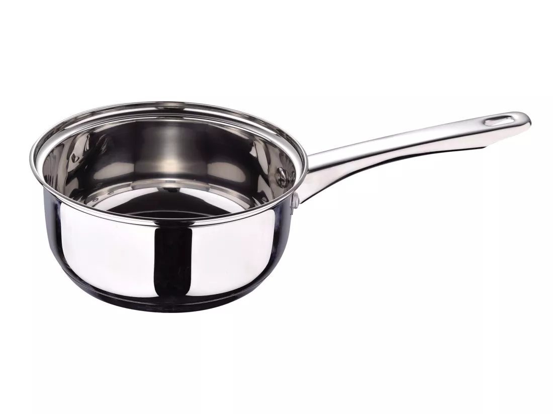 Set 5pcs inox : casserole Ø16x7,5 poêles Ø18x8,5 et Ø20x9,5 cm, induction + Set de 3 poêles à frire Ø16/20/24 cm, aluminium pressé, adapté à l'induction + Set de 3 poêles à frire Ø16/20/24 cm, Ø18x8,5 et Ø20x9,5 cms.