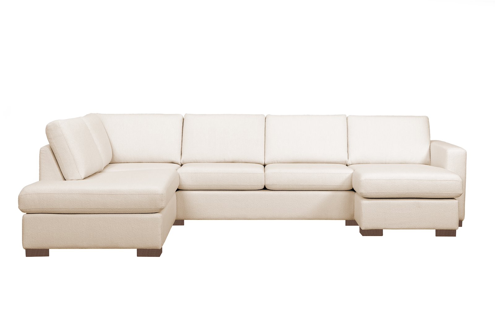 Pixel U-sofa (C1) Åpen ende venstre, hjørne, 2-seter og sjeselong høyre. I tekstil Jenny beige, lav front, smoked treben W33, og arm A15. Komfort 1.