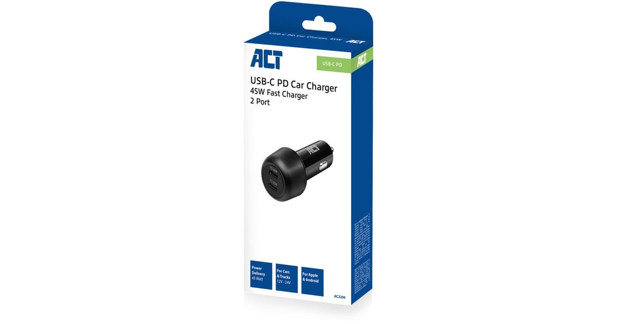 ACT Connectivity2-poorts USB-C Fast Charge Autolader 45W met Power Delivery  (Zwart)