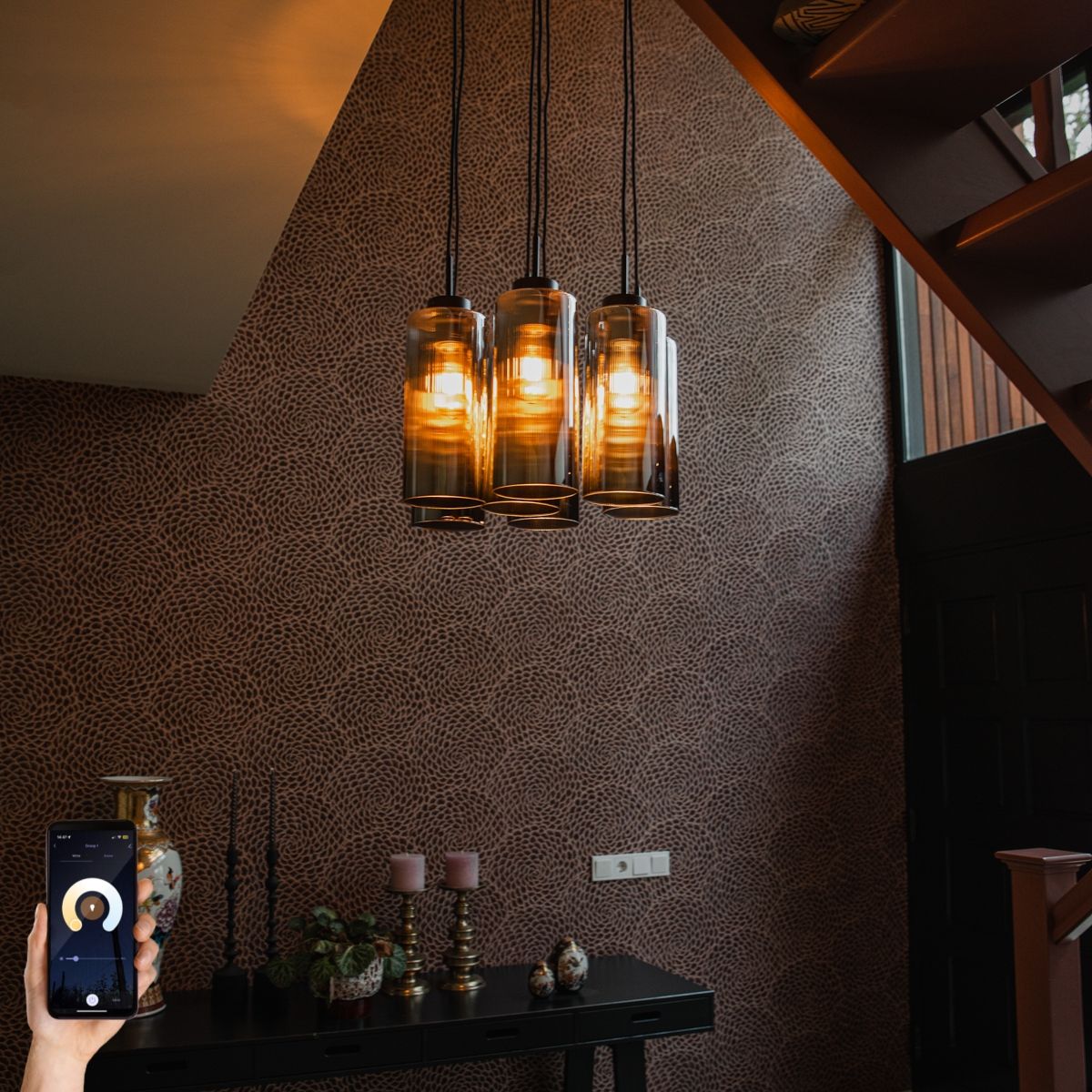 Smart hanglamp zwart met smoke glas 7-lichts incl. 7 Wifi ST64  - Laura