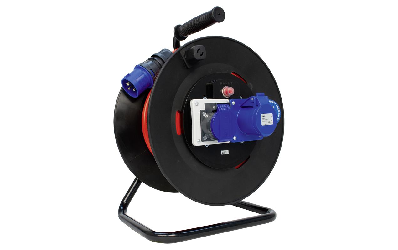 Kabelrolle GR1 40 m CEE16/3 + T23, Schwarz<br>Kunststoff Kabelrolle Gr1 mit 1x CEE16/3 + 1x T23 Steckdosen mit Deckel, Stecker CEE16/3 und 40 m langem Bauflex Kabel