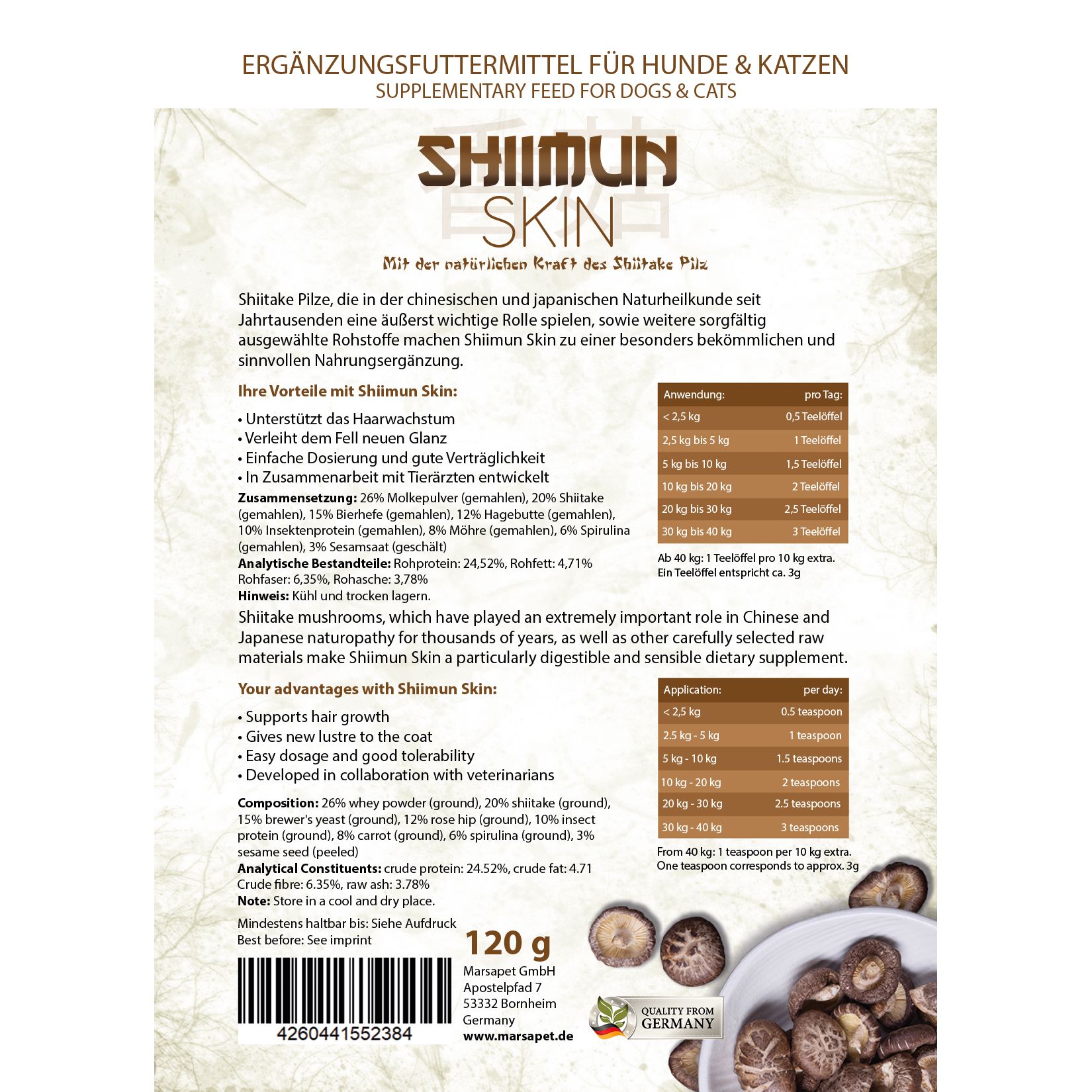 Marsapet Nahrungsergänzung für Hunde und Katzen mit Shiitake - Shiimun Skin Pulver