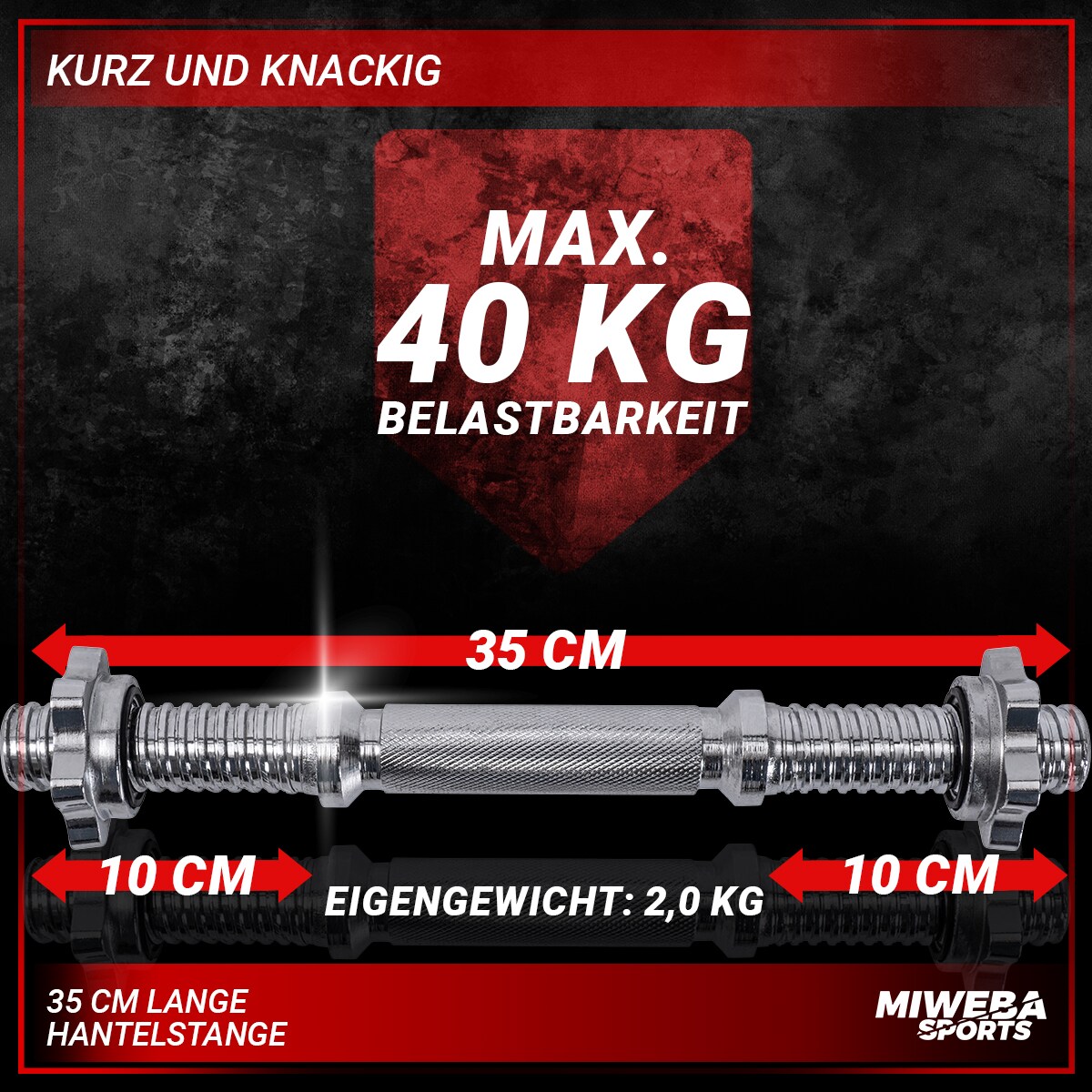 Miweba Sports Kurzhantelstange KH100, Sternverschluss, 35cm, Ø30mm, bis 40 kg, Stahl, 2er-Set (2 Stück)