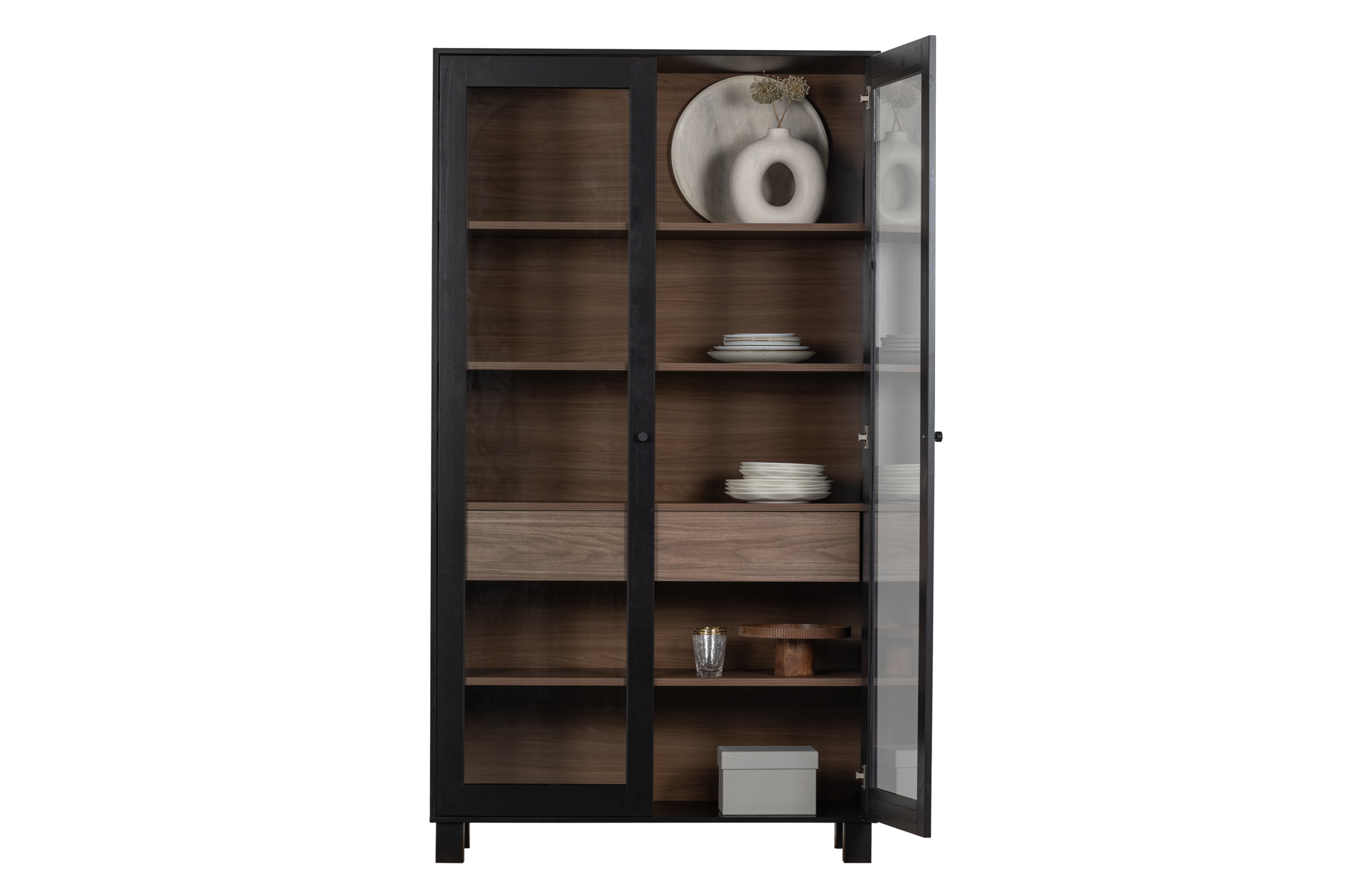 WOOOD 2-deurs vitrinekast Goos grenen zwart/walnoot Goos 2-drs vitrinekast grenen zwart/walnoot