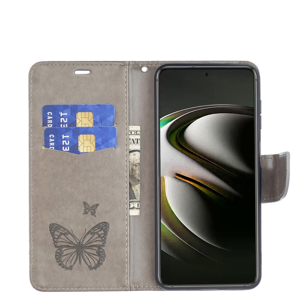 Samsung Galaxy S22 5G Leder Tasche mit Kartenfach   Handschlaufe Schmetterling - Grau