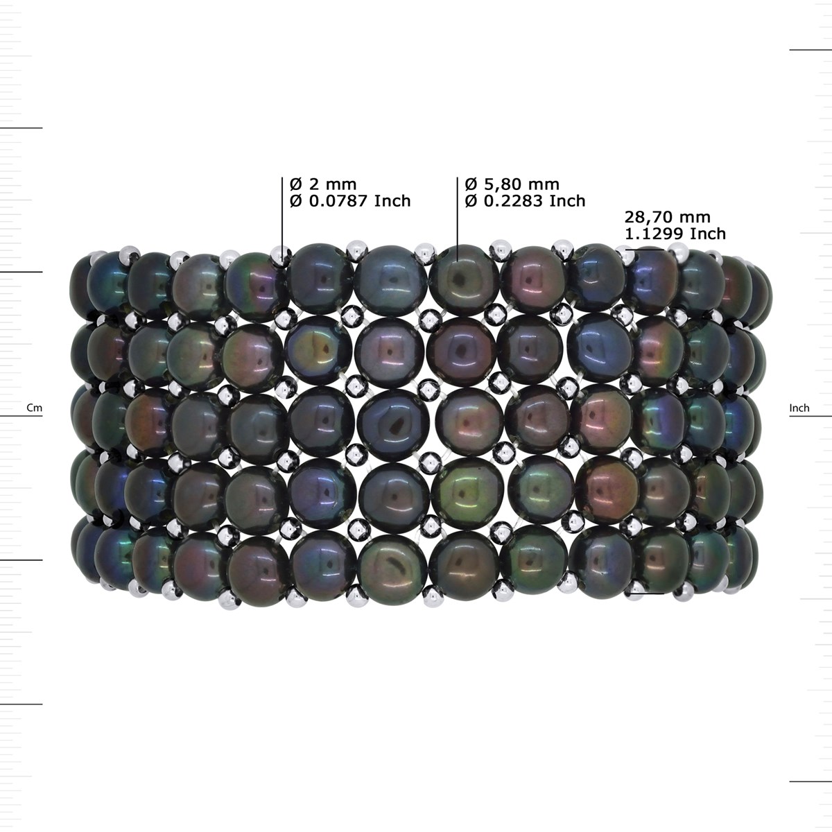 Bracelet Manchette 5 Rangs Perles d'Eau Douce Noires Argent 925
